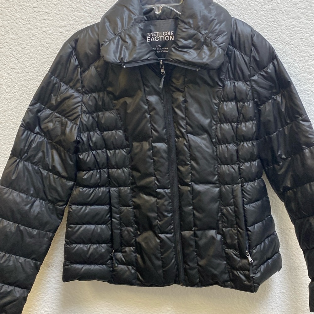 NWT Kenneth Cole New York Women's Packable Down w/Side Ruching Coat Blk L